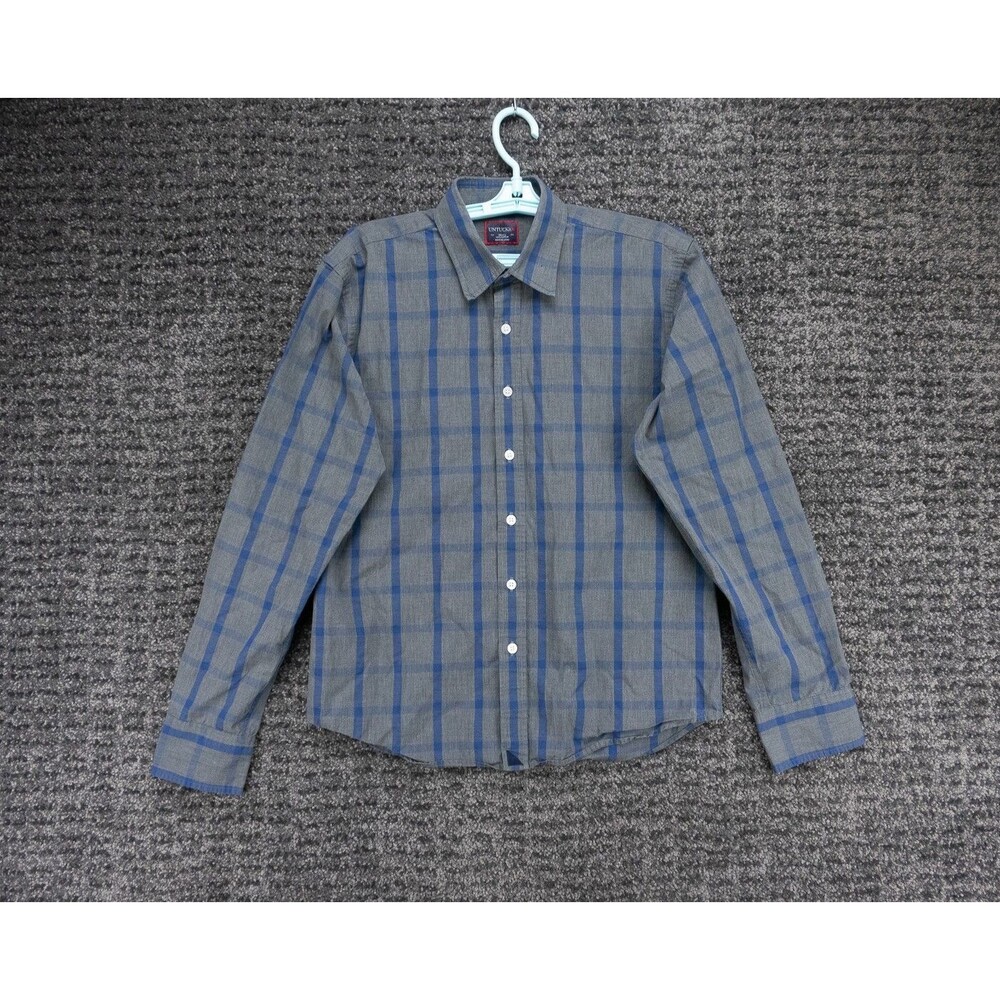 Untuckit Shirt Mens Small Gray Blue Check Plaid Long Sleeve Cotton Casual Preppy